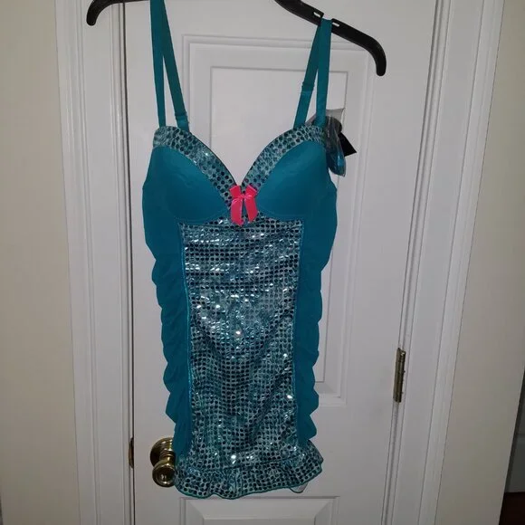 Passion Forever Bustier Embelished Slip Lingerie XL TealColor Silver Sequin NWT